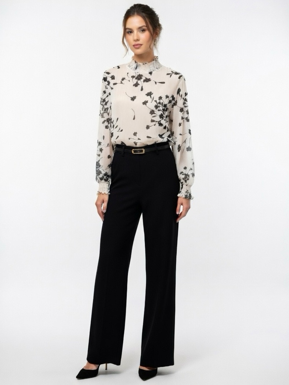 Karen Millen Sheer Striped Black Floral Silver Thread Ruched Turtleneck - 6